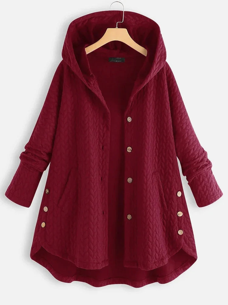 Women's burgundy quilted hooded jacket with button closure and side buttons on sleeves