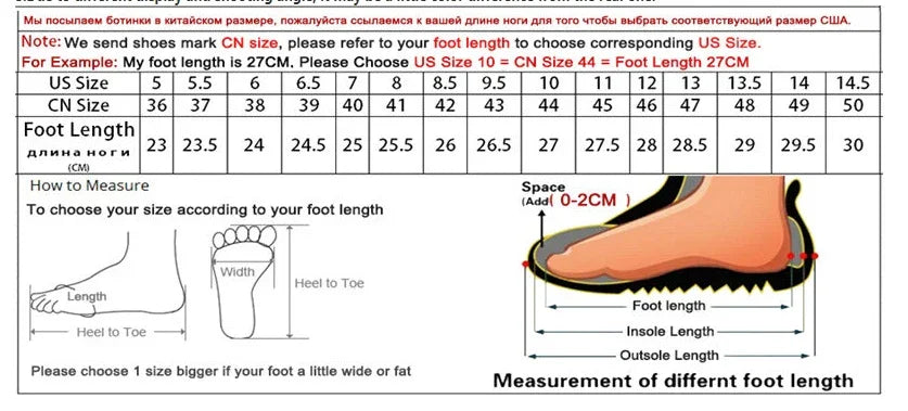 Foot size chart with US and CN sizes, foot length measurements in centimeters, and foot measurement diagrams