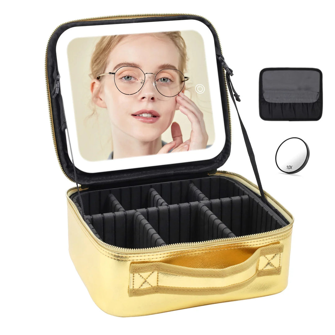Gold makeup case with built-in LED mirror showing woman wearing glasses, adjustable interior compartments, and cosmetic pouch