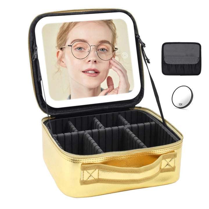 Gold makeup case with built-in LED mirror showing woman wearing glasses, adjustable interior compartments, and cosmetic pouch