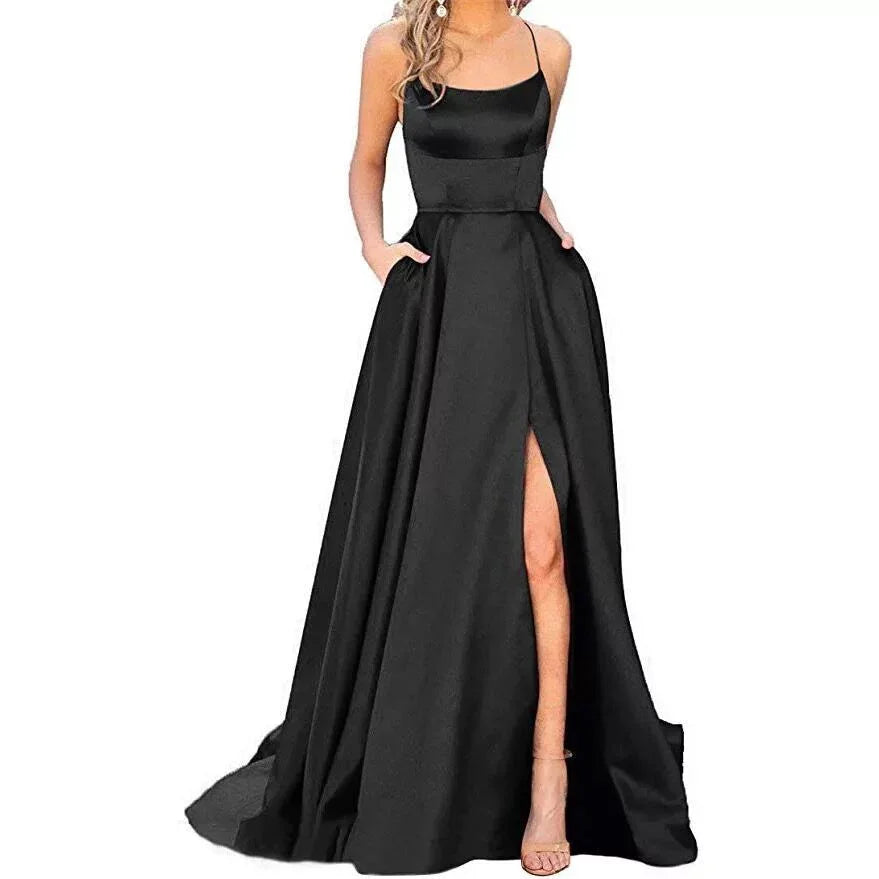 Elegant black satin evening gown with spaghetti straps, high slit, and pockets