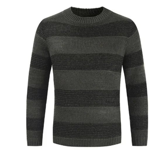 Men's dark gray and black striped knit sweater with crew neckline and long sleeves