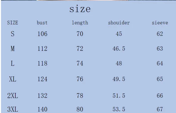 Clothing size chart showing bust, length, shoulder, and sleeve measurements for sizes S to 3XL