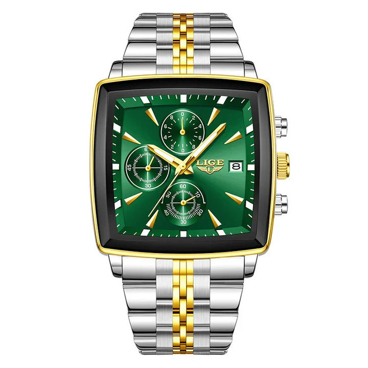 LIGE men's wristwatch with green square dial, gold and silver stainless steel bracelet, chronograph subdials