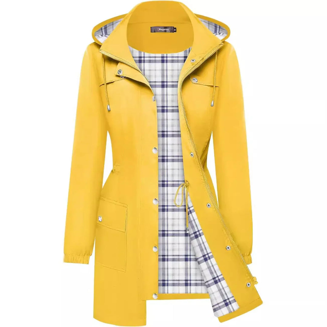 Yellow hooded raincoat with front pockets and blue checkered interior lining