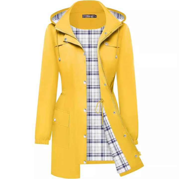 Yellow hooded raincoat with front pockets and blue checkered interior lining