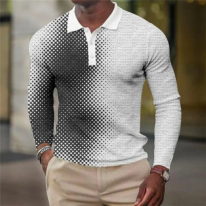 Men's long sleeve polo shirt with black and white gradient dotted pattern paired with beige pants