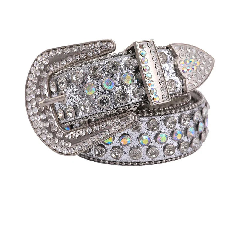 Silver belt adorned with sparkling rhinestones and crystal embellishments on buckle and strap