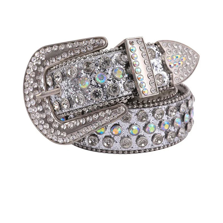 Silver belt adorned with sparkling rhinestones and crystal embellishments on buckle and strap