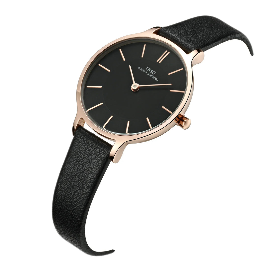 IBSO women's black dial wristwatch with rose gold details and black leather strap