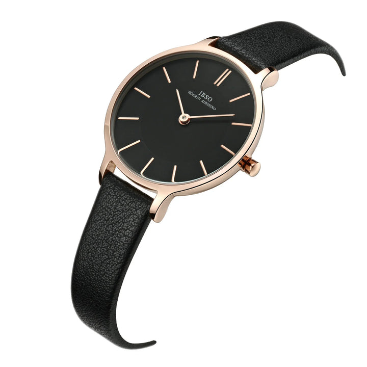 IBSO women's black dial wristwatch with rose gold details and black leather strap
