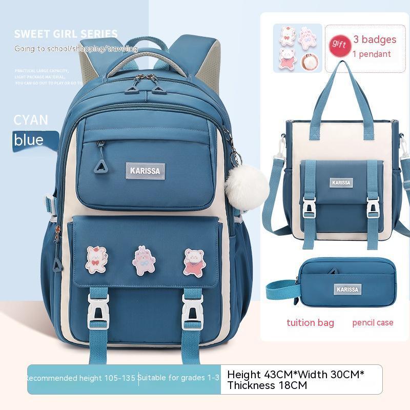 Cyan blue Karissa backpack with badges, matching tuition bag and pencil case for school girls