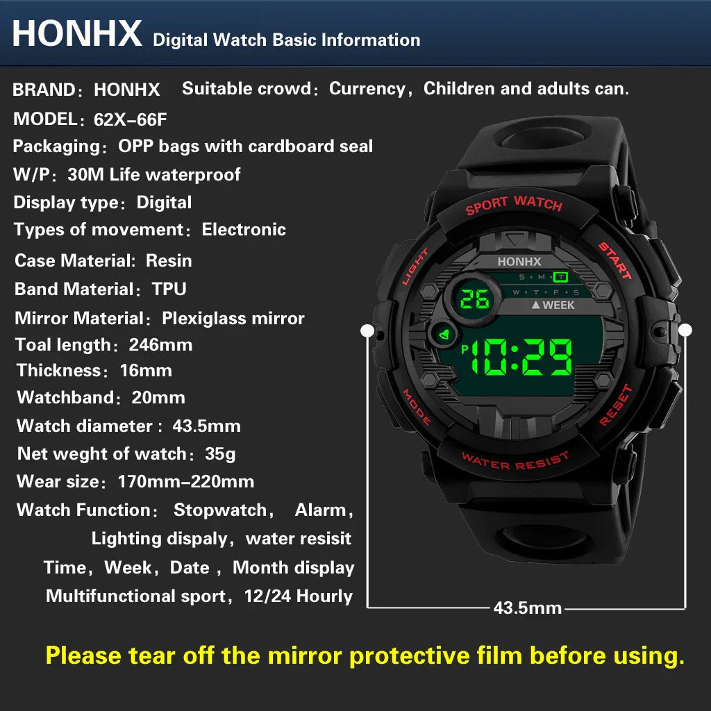 HONHX digital sport watch with black resin case, green LED display, stopwatch, alarm, water resistant 30M