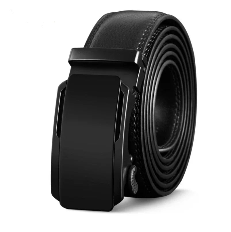 sleek black leather belt with modern matte black automatic buckle