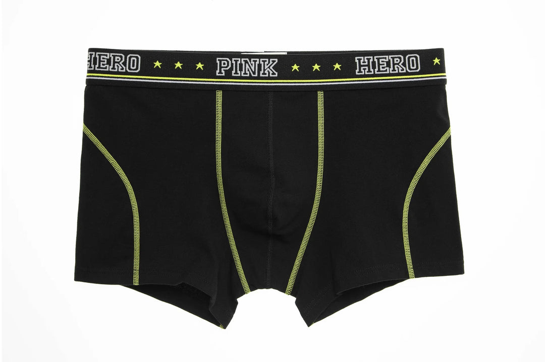 Black men's boxer briefs with yellow stitching and PINK HERO branded waistband