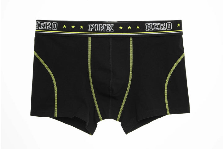 Black men's boxer briefs with yellow stitching and PINK HERO branded waistband