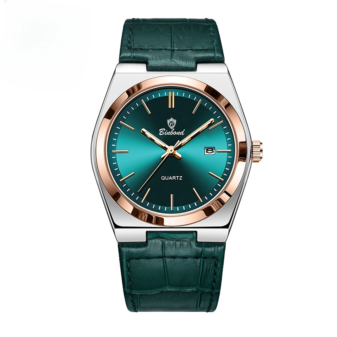 Binbond men's quartz wristwatch with green leather strap and emerald dial with gold accents