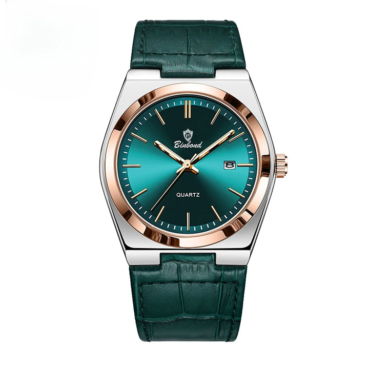 Binbond men's quartz wristwatch with green leather strap and emerald dial with gold accents