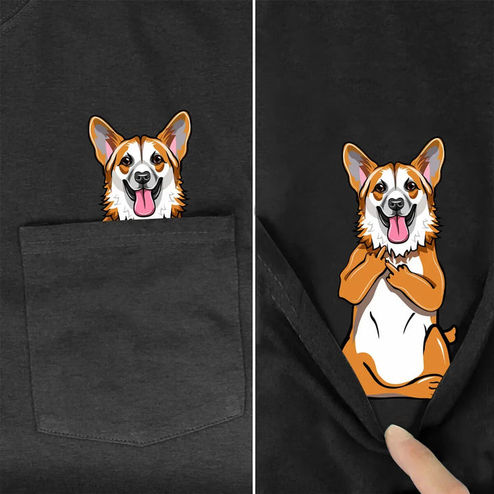 Black pocket t-shirt with cartoon corgi dog peeking from pocket and flipping middle fingers inside
