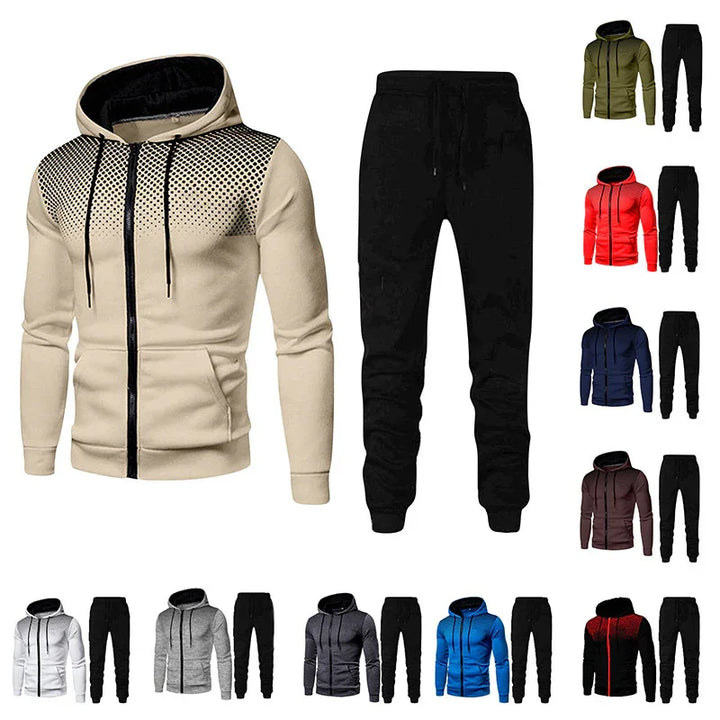 Men's zip-up hooded sweatshirt and black jogger pants set in beige and multiple colors, casual sporty outfit
