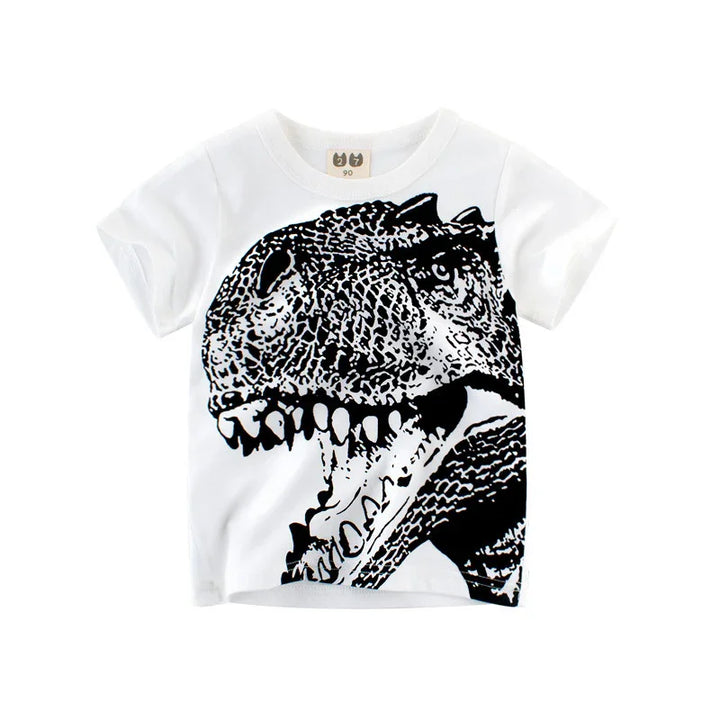 White kids t-shirt with black detailed T-Rex dinosaur print on front