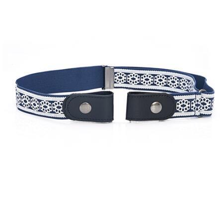 Blue and white embroidered elastic belt with black leather ends and silver snap buttons