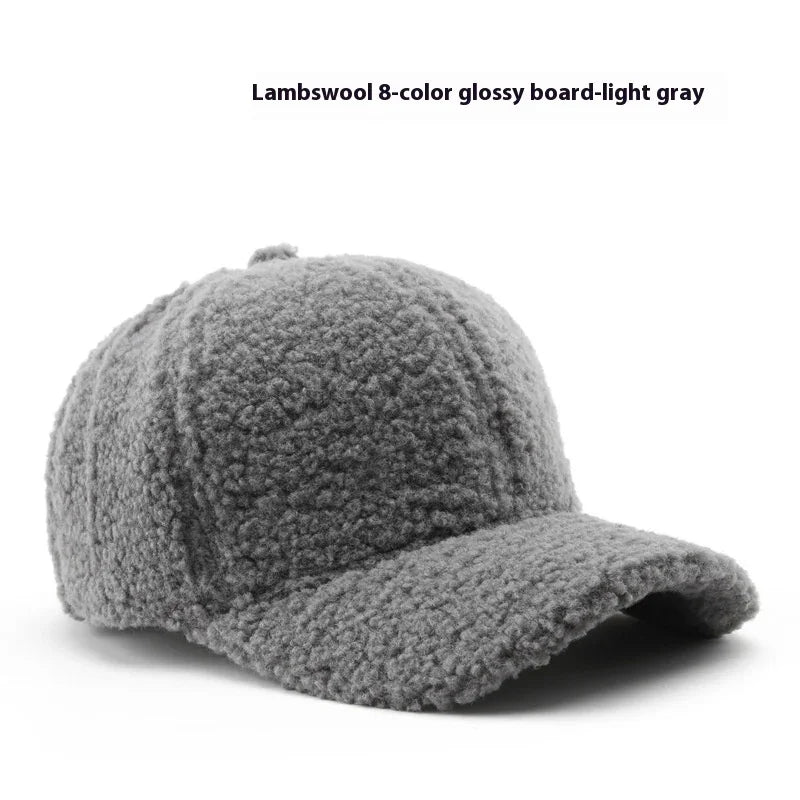 Light gray lambswool baseball cap with soft, textured, curly fleece fabric