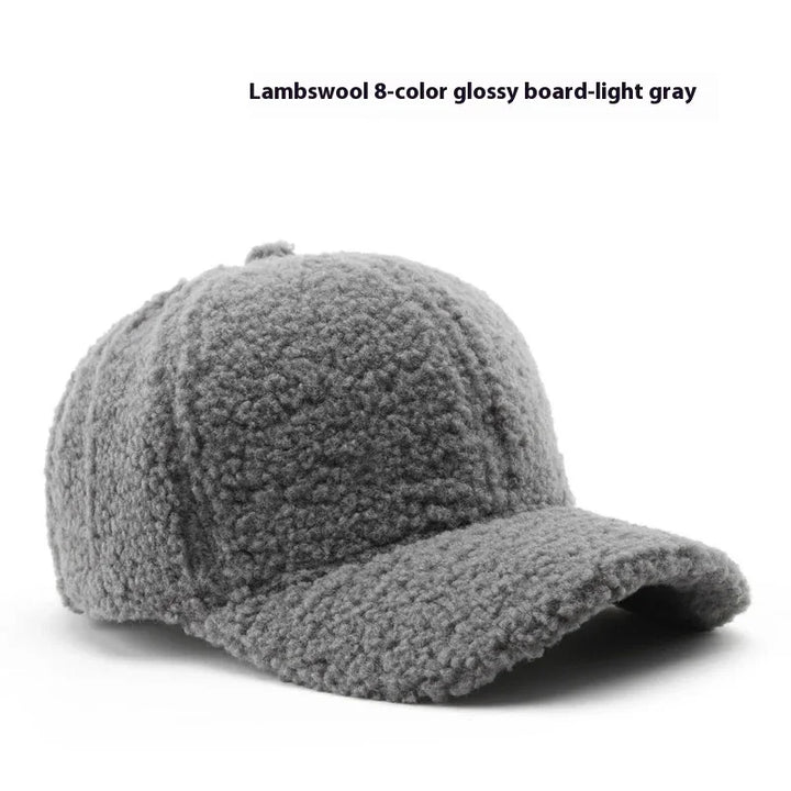 Light gray lambswool baseball cap with soft, textured, curly fleece fabric