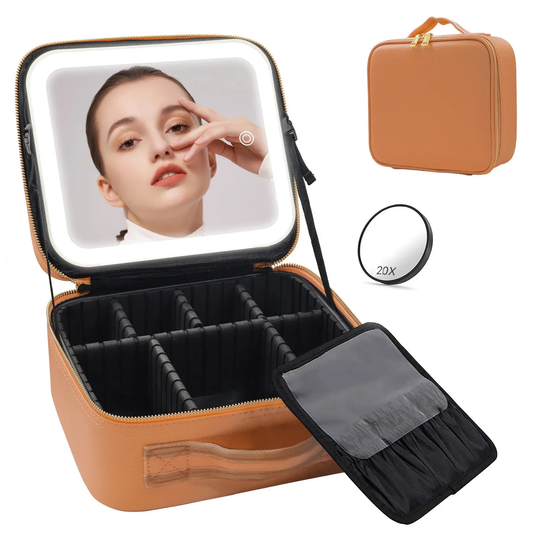 Open tan makeup train case with LED lighted mirror, adjustable compartments, and 20X magnifying mirror