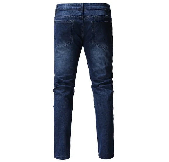 Back view of slim fit dark blue denim jeans with two back pockets