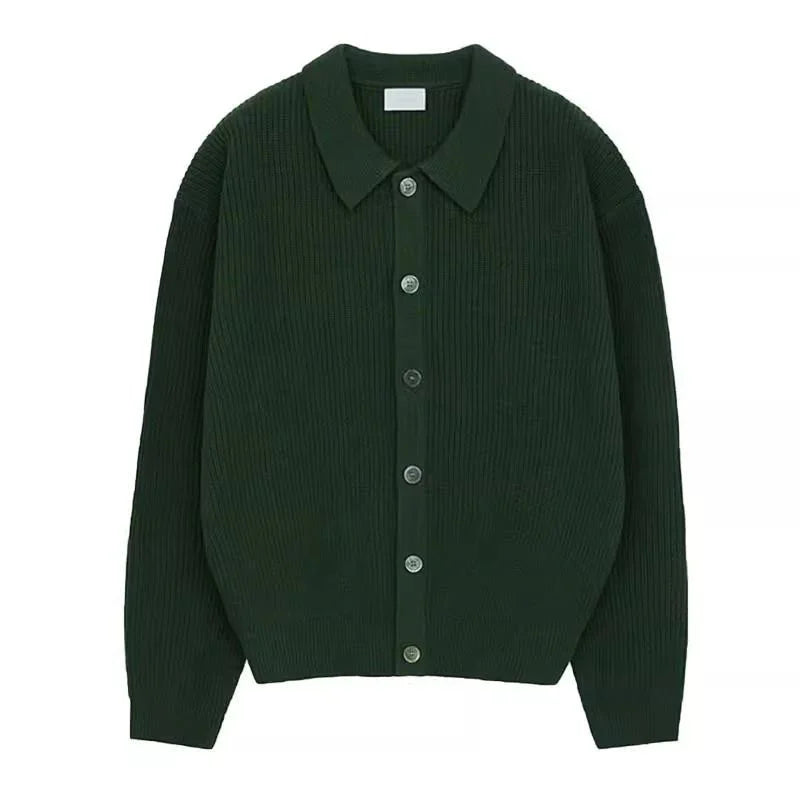 Dark green ribbed knit button-up cardigan with collar on white background
