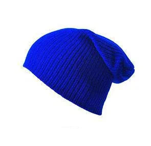 Bright blue knitted slouchy beanie hat on white background