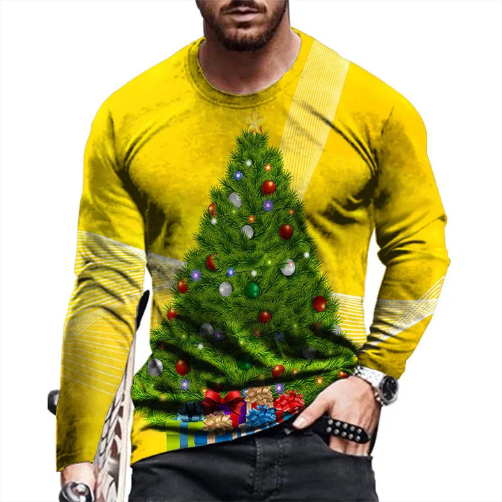 Man wearing yellow long-sleeve shirt with decorated Christmas tree and gifts design