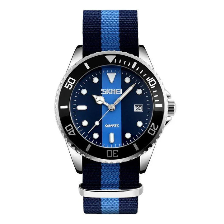 Blue SKMEI quartz wristwatch with black rotating bezel and striped fabric strap