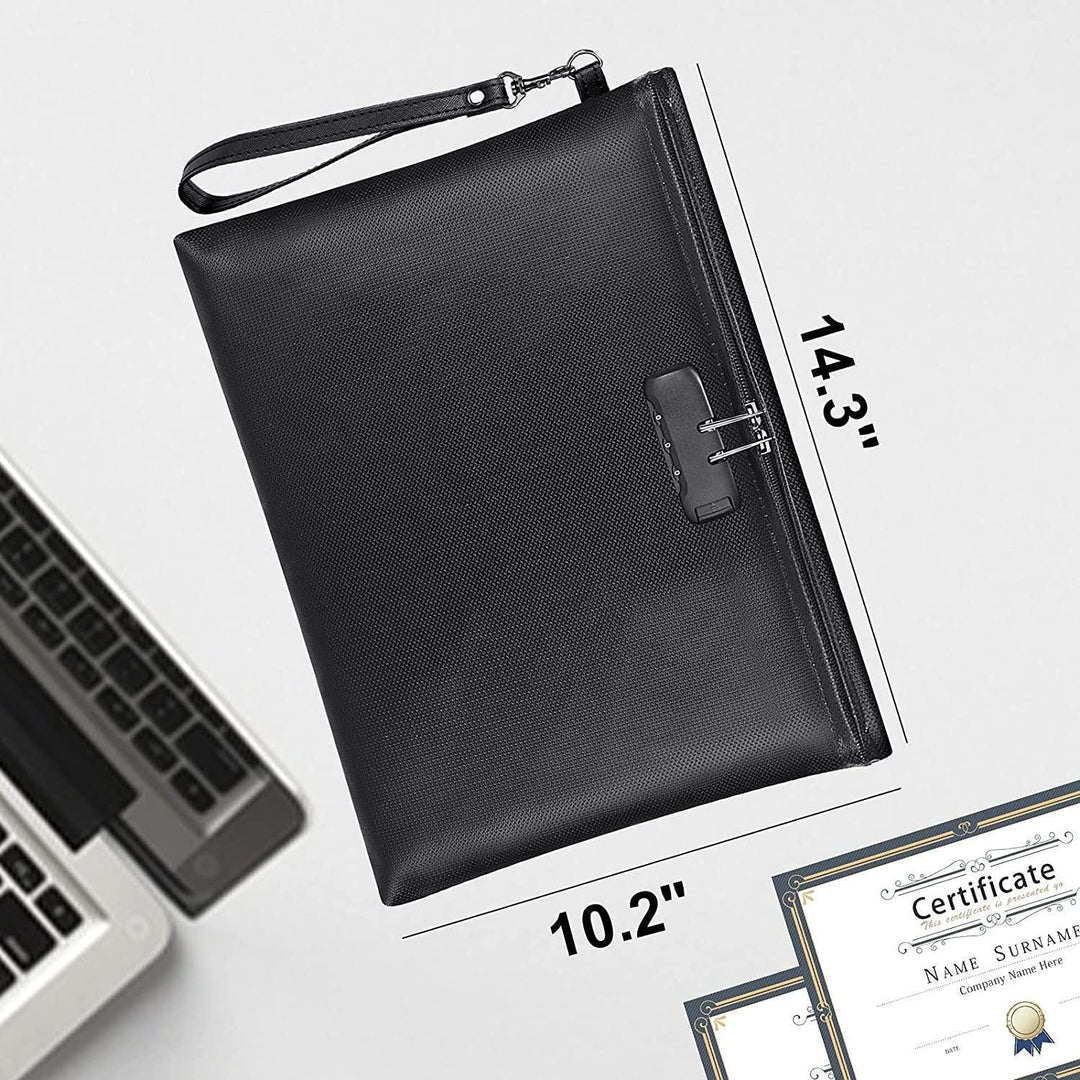 Black textured document bag with combination lock, 14.3x10.2 inches, beside laptop and certificate