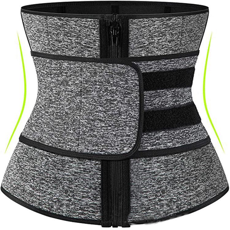 gray and black waist trainer corset with front zipper and adjustable velcro strap