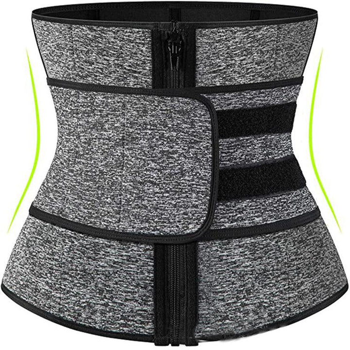 gray and black waist trainer corset with front zipper and adjustable velcro strap