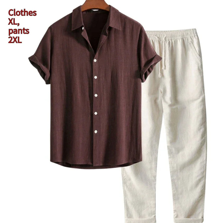 Brown short-sleeve button-up shirt with white buttons paired with white casual pants on hanger