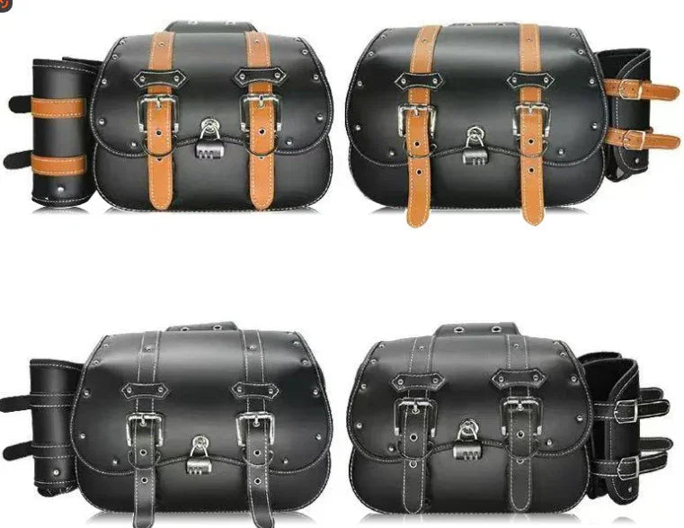 Set of four black motorcycle saddlebags with buckles, in tan and black strap variations.