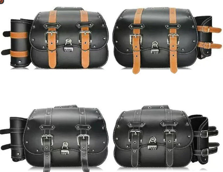 Set of four black motorcycle saddlebags with buckles, in tan and black strap variations.