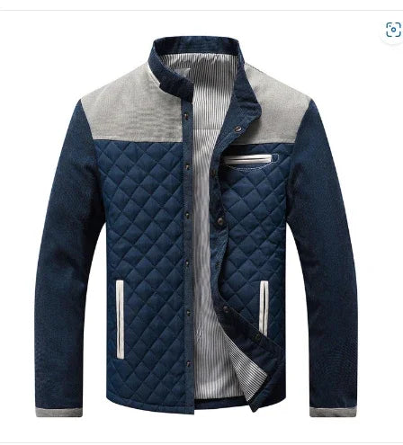 Men's quilted navy blue jacket with grey shoulder panels and striped inner lining