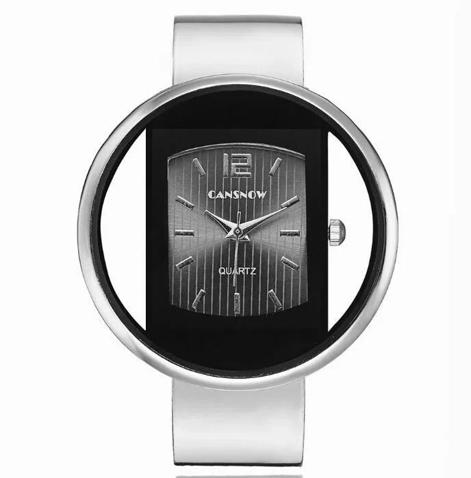 Silver wristwatch with black rectangular dial, white band, quartz movement, brand CANSNOW