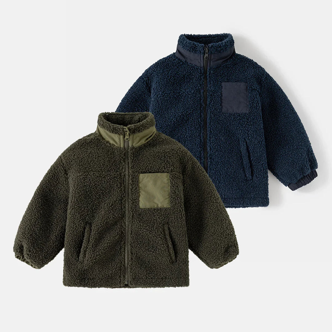 Two cozy fleece jackets in navy blue and olive green with zip fronts and patch pockets