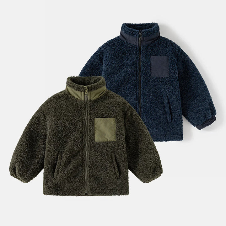 Two cozy fleece jackets in navy blue and olive green with zip fronts and patch pockets