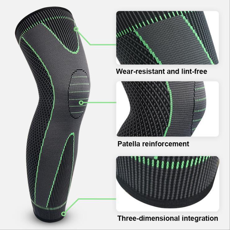 Black and green knee brace with patella reinforcement and wear-resistant fabric details.