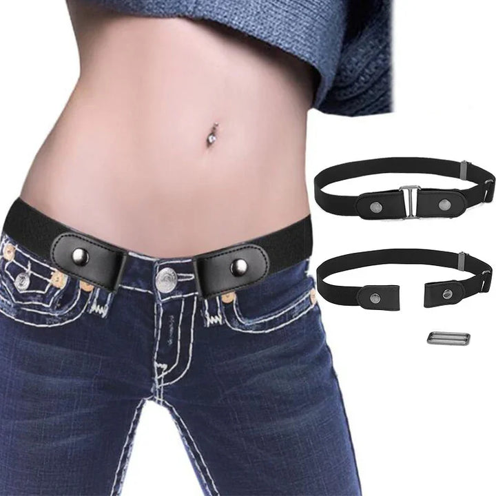 Elastic no-buckle black waist belt with snap buttons on woman wearing blue jeans and grey sweater
