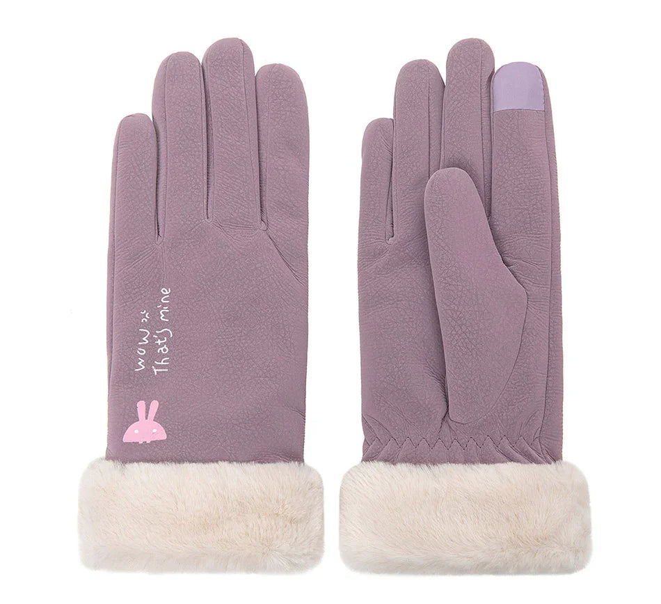 Purple winter gloves with white faux fur cuffs and pink bunny design with text on back
