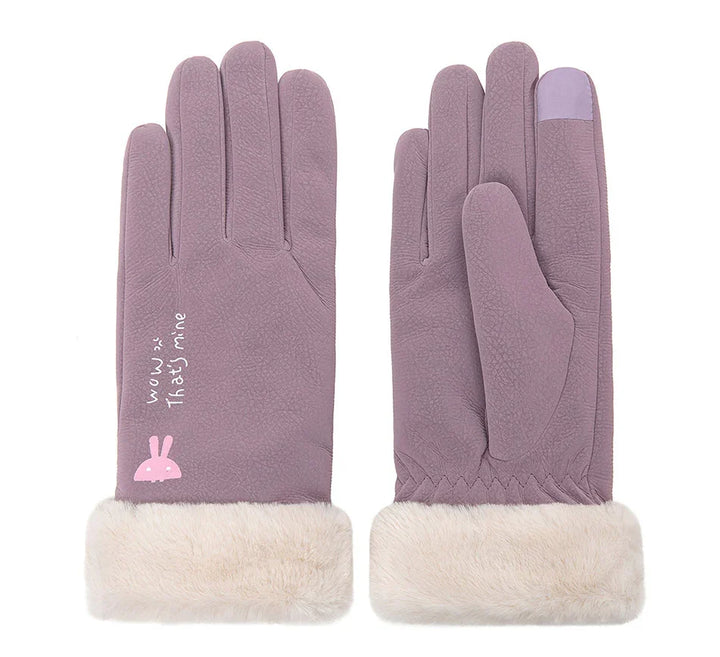 Purple winter gloves with white faux fur cuffs and pink bunny design with text on back