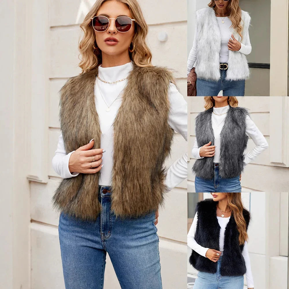 Women modeling sleeveless faux fur vests in brown, white, gray, and black with casual white tops and jeans