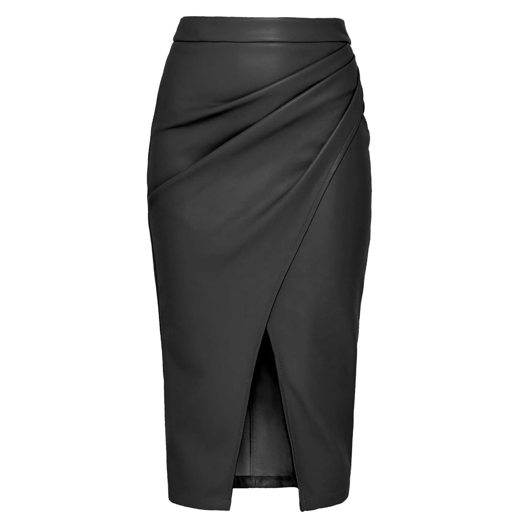 Black faux leather pencil skirt with wrap detail and front slit